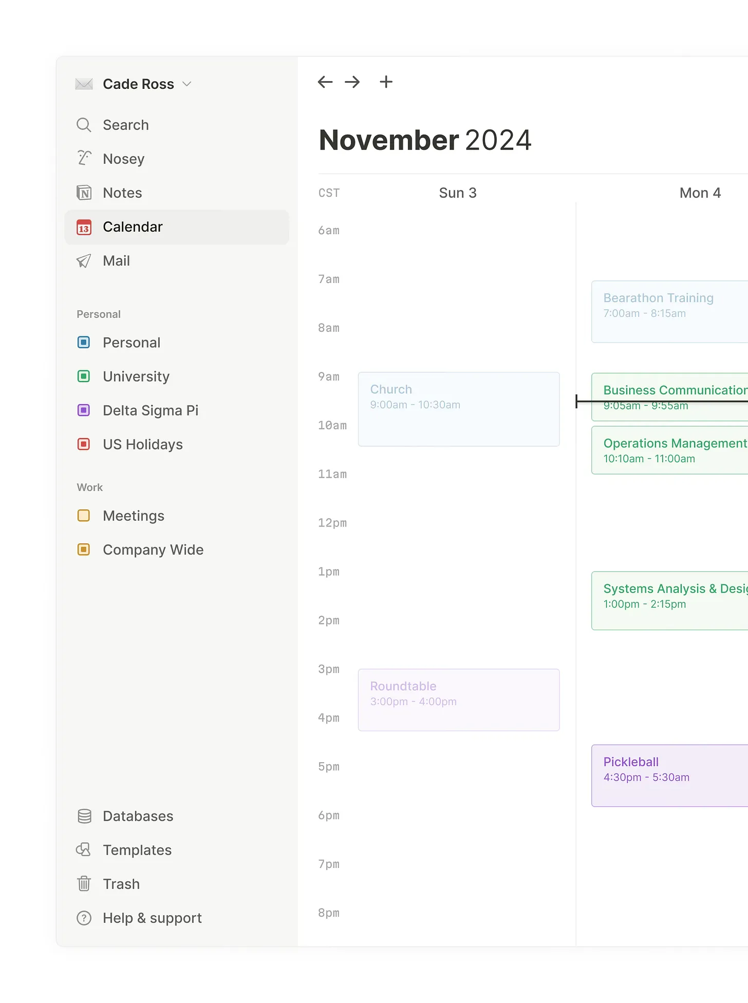 Notion Calendar sidebar showing unified navigation for Notes, Calendar, and Mail