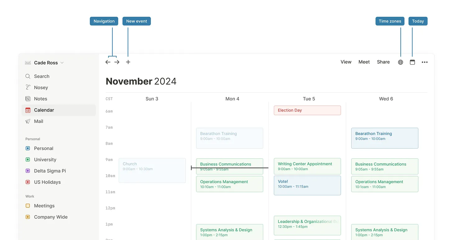 Notion Calendar top controls showing calendar-specific functionality
