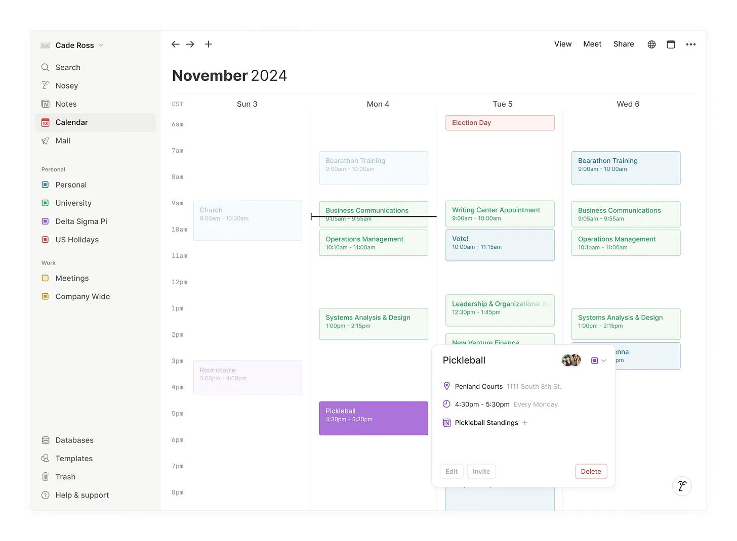 Notion Calendar 4-day view with event details integration