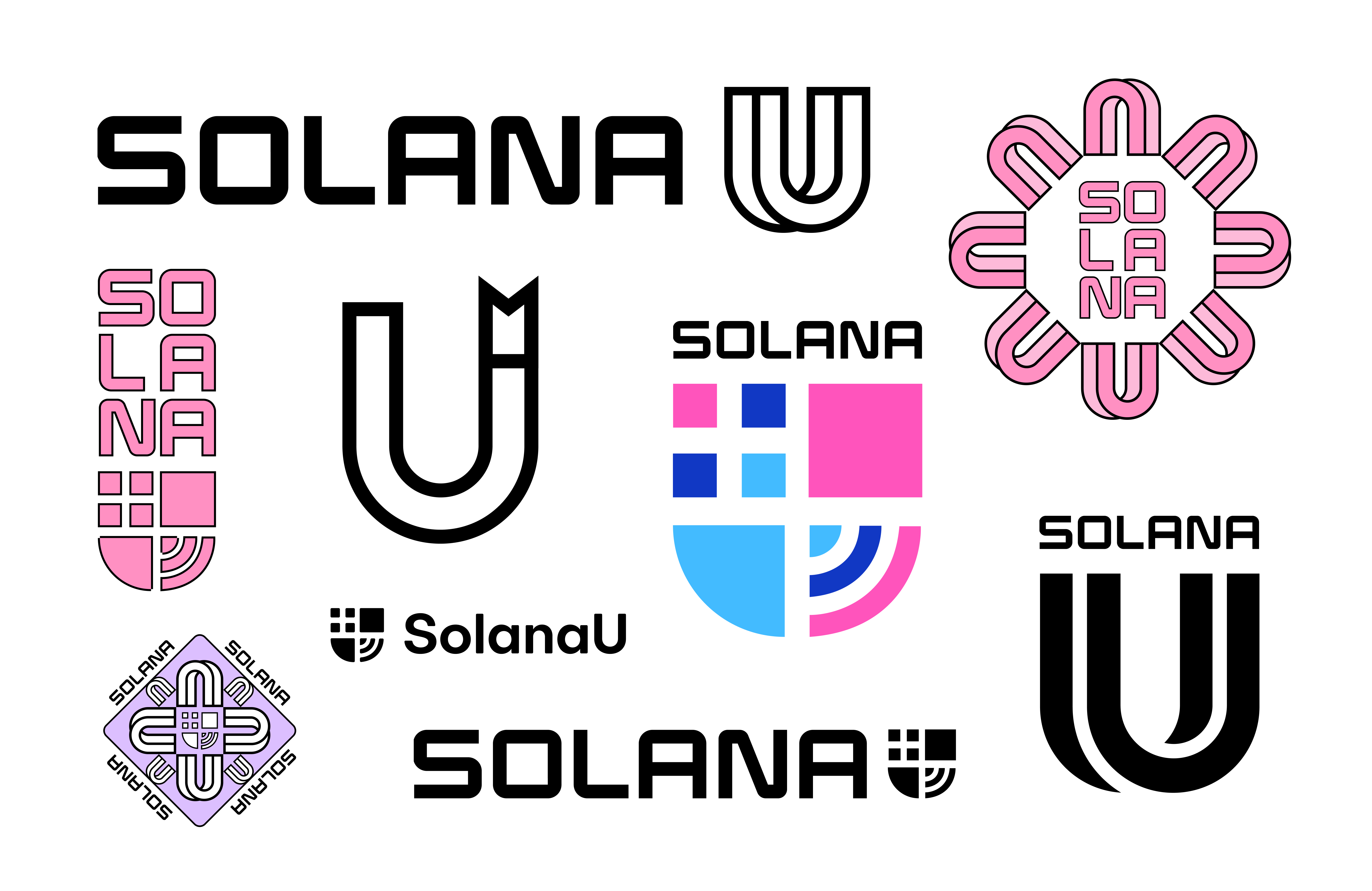 Initial SolanaU brand concept explorations showing various design directions